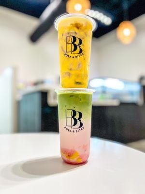 Crème Brûlée Milk Tea and Strawberry Rose Matcha with Egg Pudding