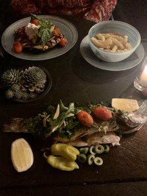 Eggplant Napoleon, side of pasta, whole branzino