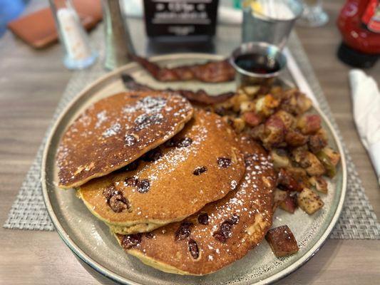 Sweet Potato Praline Pecan Pancakes, Sweet Potato Sausage Hash and bacon