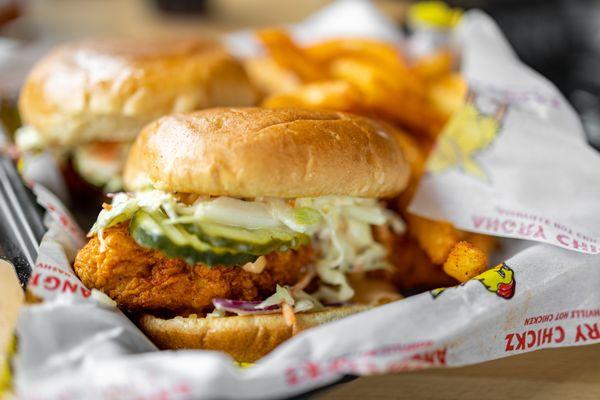 Combo #1: Two Hot Chicken Sliders w/ slaw, pickles and fries ($16)