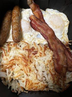 2 Eggs Over Easy, Hash Browns, Bacon & Sausage 6-5-2022