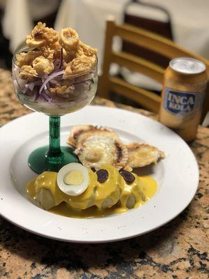 Mix ruta. Papá a la huancaina, ceviche de pescado y conchitas a la parmesana