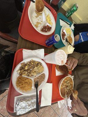 Machaca plate, kids pancakes, Red menudo