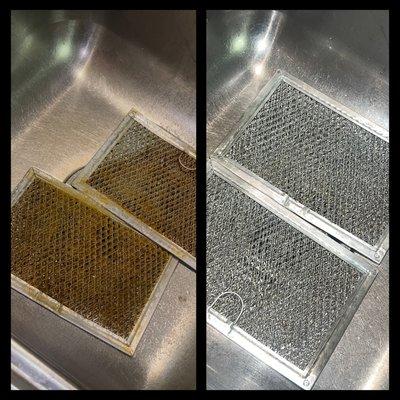 "Grease? Gone. Range Hood Filters looking brand new again! #BeforeAndAfter #KitchenCleaning"