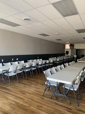 Comfortable seat for up to 75 chairs and tables, WiFi and 70 in monitor HDMI hook ups. PA a system available.