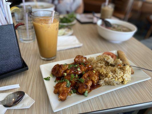 Orange Chicken that comes with eggroll and fried rice. And Thai Tea (does not come with fried rice)