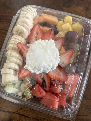 $15+ for this size LARGE fruit salad and I only got 1 scoop of cottage cheese. Seriously, this is BS.