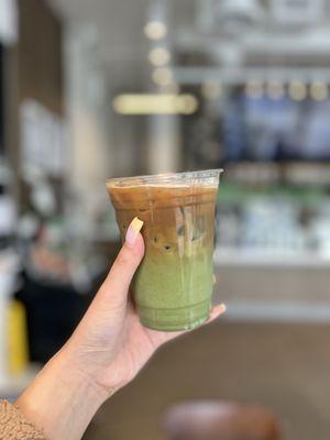 Dirty matcha latte with medium roast espresso