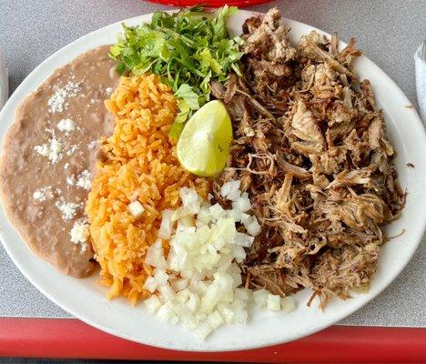 Carnitas with rice and beans