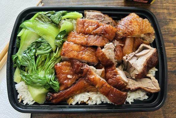 Roasted duck with greens and white rice