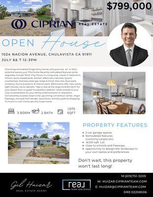 Open House
1024 Nacion Ave. Chula Vista 91911
-July 6 & 7
- 12-3pm