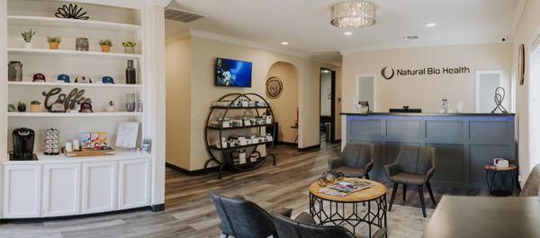 Lobby of Natural Bio Health where patients can buy wellness supplements for immune health. Hormone therapy, weight loss plans, IV therapy.