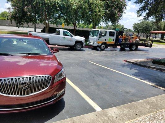 The crew took their lunch break here for 2 and a half hours. Illegally parked in a firelane.