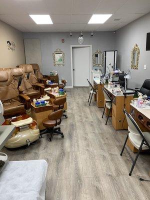The salon layout three manicure stations and four pedicure stations.