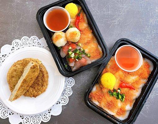 Chả cá: Fish cake+Bánh bèo: Water fern cakes, Bánh bột lọc: Tapioca dumplings, Bánh ít trần: Sticky rice dumpling w/ mung bean | Total: $18