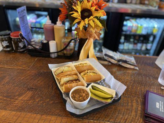 Chili Cheese Dog (Small) and Bacon Wrapped Dog (Small), side of Baked Beans and pickle!