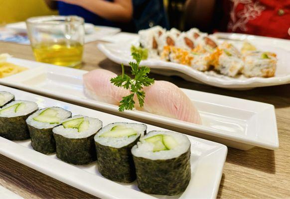 Kappa Maki, California Roll, Spicy Tuna Roll, and Hamachi