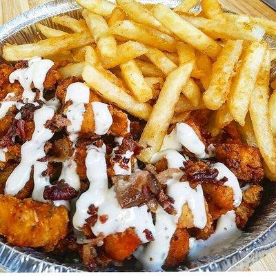 Fried Chicken Chunks with Bacon and Ranch!! Served with crispy fries!