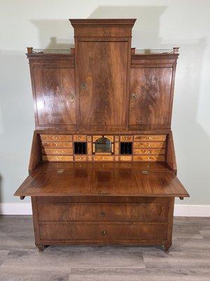 19th Century Swedish Mahogany Drop Front Desk with Inlaid Marquetry Compartments and Secret Compartments 48"w x 78"h x 22"d (13" deep at t