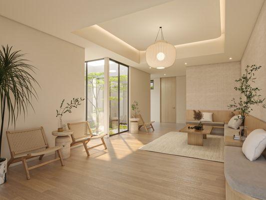 A resting area with calming colors