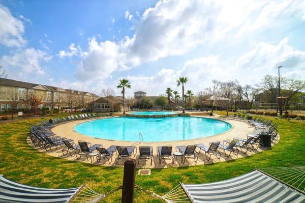 A view from the hammocks at the Woodlands of College Station's resort style pool.
