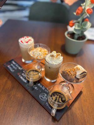The Flight of Frights!
Murderous Maple Donut Latte
Cauldron Corn Latte
Smore Dark Magic Affogato
Caramel Apple Crunch Affogato