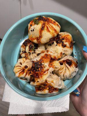 We got take out and could not finish it all. So yummy! Assorted dumplings with chile and soy sauce.