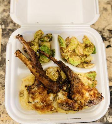 Lamb chops with garlic mashed potatoes and brussel sprouts