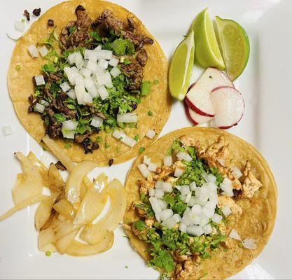 1 steak street taco, and 1 chicken street taco