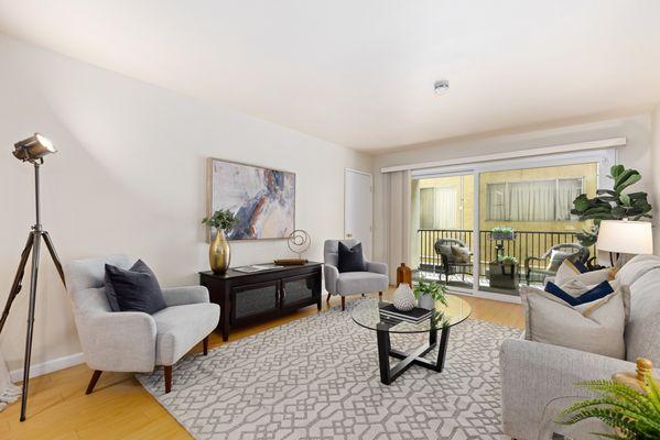 Stylish living room of a spacious condo in Adam Point's, Oakland, CA, sold 2024.