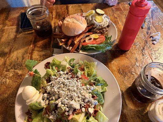 Cobb Salad and Blue Cheese Burger