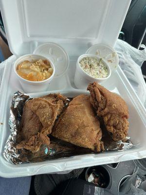 Fried chicken slaw and Mac and cheese.