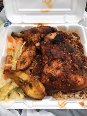 Jerk chicken (small) less than $10. Terrific!!!!! Just lived!!