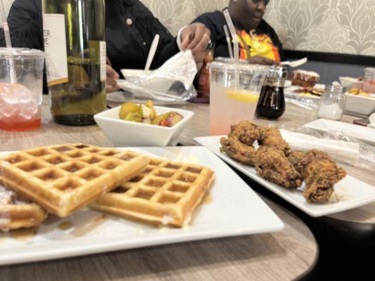 Chicken and waffles Fried potatoes Watermelon strawberry lemonade