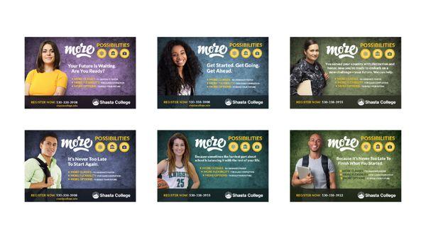 Postcards created by Jesse for Shasta College as part of their recruitment drive, targeting various demographics.