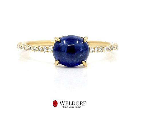 Oval Blue Sapphire Cabochon Diamond Ring in 18K Yellow Gold