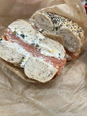 Lox and Vegan cream cheese with artichokes and spinach with GF Everything bagel