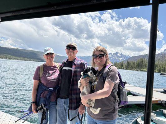 After our hike to waterfall. Boat across the lake $25 for adults, $3 for dogs.