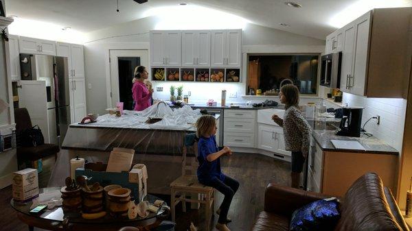 Here is the entire kitchen. Anthony built our custom cabinets for our fruit baskets