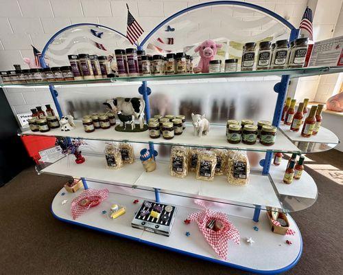 Shelves of seasonings, jams, noodles, etc.