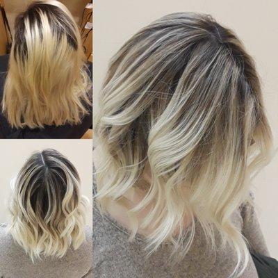 I matched and added her root color to break up her blonde for more of a trendier lived-in blonde look.