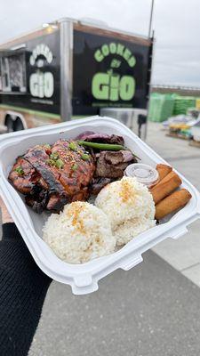 Combo Plate: Rice, Lumpia, bbq chicken, dried fried steak