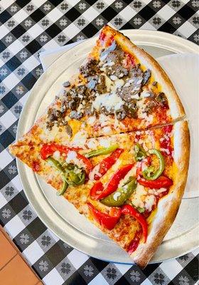 Top slice Meatballs, lower red and green peppers