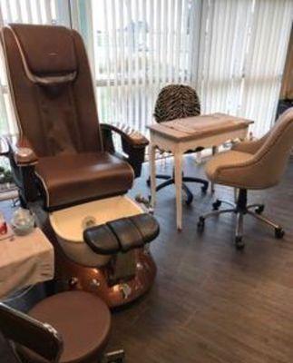 We offer manicures and pedicures. Call Tee and Twee at 816-217-7165.