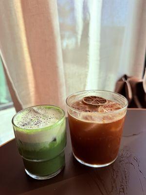 Matcha latte & Orange Espresso tonic