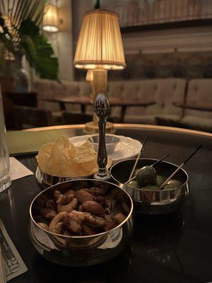 Bar snacks under fancy light