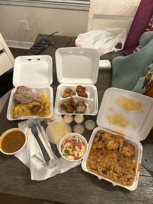 Pernil, pork rice, chicharron, shrimp ceviche, pollo guisado, rice and beans & red beans! Don't forget Garlic sauce and mayo-ketchup!