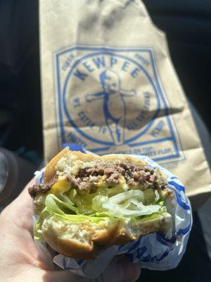 Cheese burger, lettuce, pickle, onion and mayo