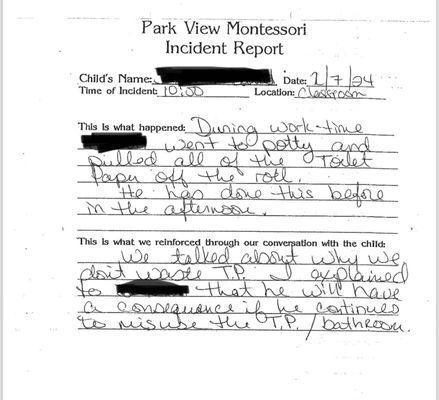 An incident report about my 3 year old pulling toilet paper off the roll, which the school bagged for him to use.