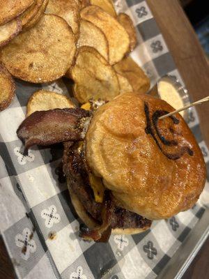 Farmhouse Burger with fresh chips!
